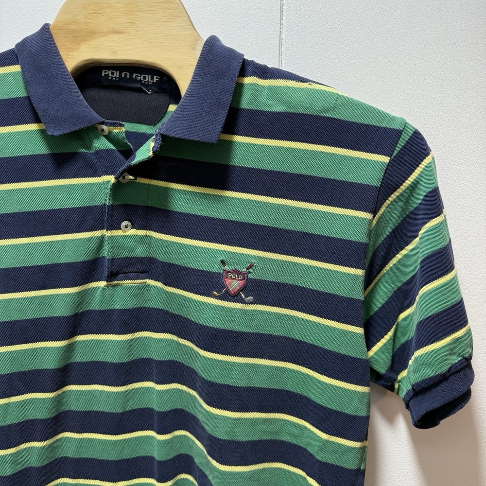 Vintage Polo Golf Ralph Lauren Striped Shirt Embroidered Crest Logo Size XL Flaw